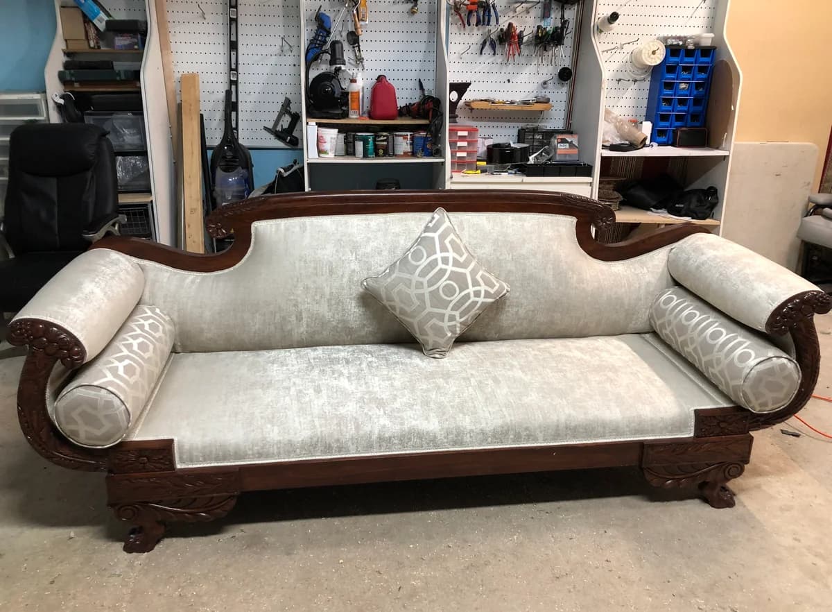 classic sofa upholstered with luxury patterns beige fabric