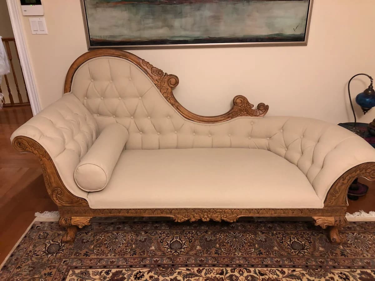 chaise lounge upholstered with beige velvet
